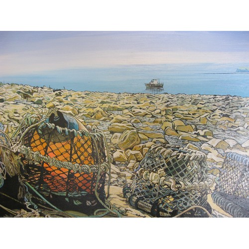 72 - Graham Towler - Kimmeridge shore with lobster pots, acrylic on canvas, signed lower right, unframed,... 