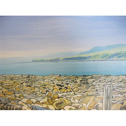 72 - Graham Towler - Kimmeridge shore with lobster pots, acrylic on canvas, signed lower right, unframed,... 