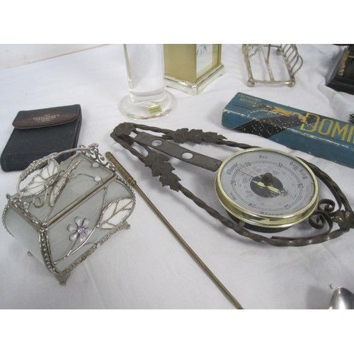 162 - A tray of interesting items including cutlery, figures, metalware etc