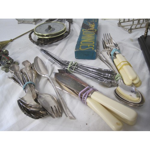 162 - A tray of interesting items including cutlery, figures, metalware etc