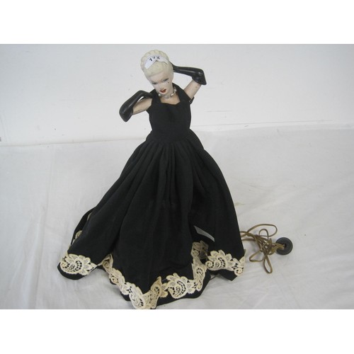 172 - An unusual vintage table lamp figured as a woman (Marilyn Monroe?)  in a flowing black dress with la... 