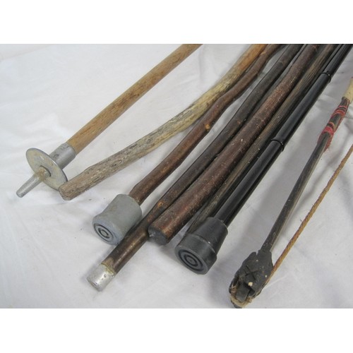 186 - A bundle of walking sticks including an example with antler handle, a shooting stick, and a bow