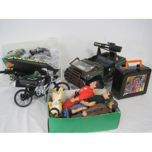 196 - A box of Action Man items including seven figures, M-6757 Army Jeep, dinghy, various accessories. A/... 