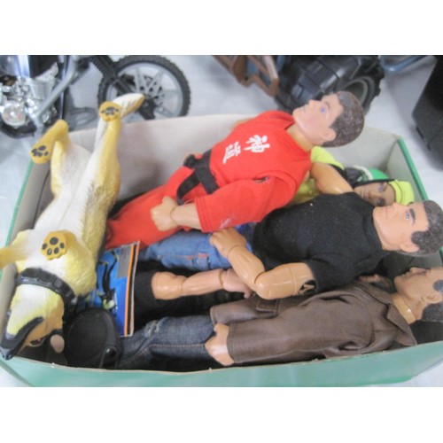 196 - A box of Action Man items including seven figures, M-6757 Army Jeep, dinghy, various accessories. A/... 