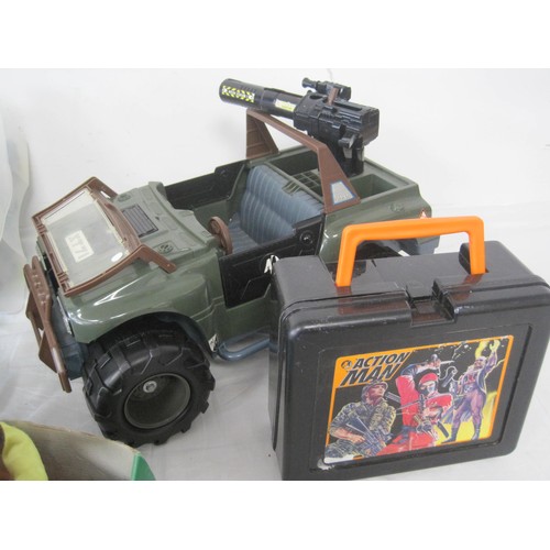 196 - A box of Action Man items including seven figures, M-6757 Army Jeep, dinghy, various accessories. A/... 