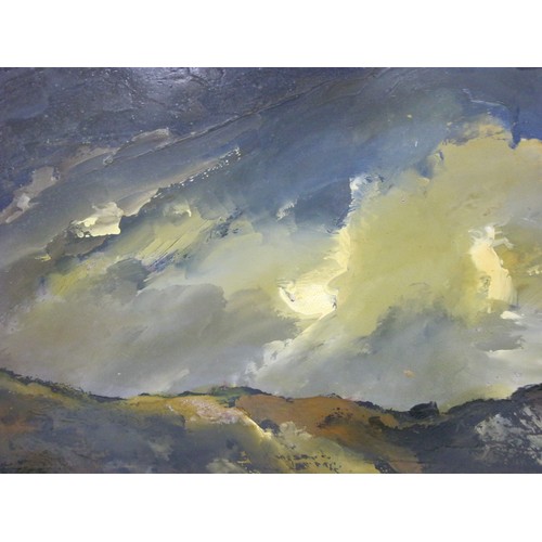 40B - Edward Elliott (1918-?) -  figure in rocky landscape under a louring sky, oil on board, signed lower... 