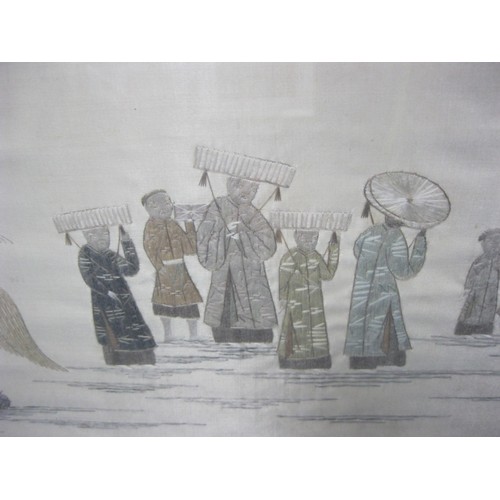 77 - Chinese silk needlework picture depicting a procession of thirty-three figures carrying a chest and ... 