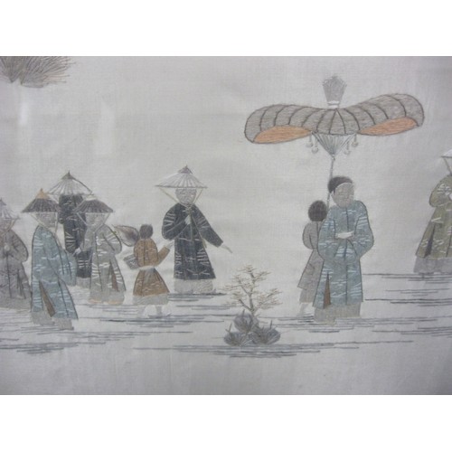 77 - Chinese silk needlework picture depicting a procession of thirty-three figures carrying a chest and ... 