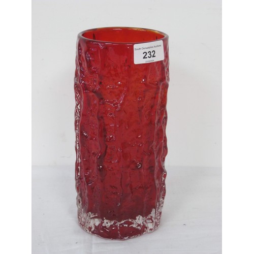 232 - Whitefriars red bark glass vase. Height 9 inches, width 4 inches.