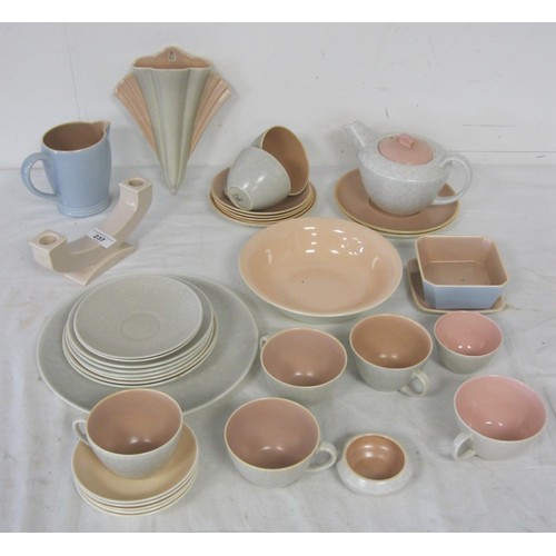 237 - Poole pottery items to include a sky blue and salmon pink jug, sepia candlestick, Seagull and salmon... 