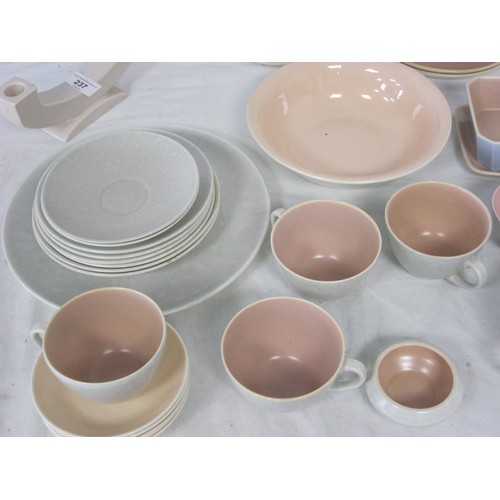 237 - Poole pottery items to include a sky blue and salmon pink jug, sepia candlestick, Seagull and salmon... 