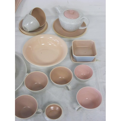 237 - Poole pottery items to include a sky blue and salmon pink jug, sepia candlestick, Seagull and salmon... 