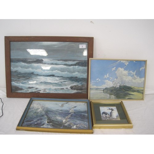 3 - A seascape in watercolour and whitening, signed in pencil lower left (perhaps G Lunell Brown) framed... 