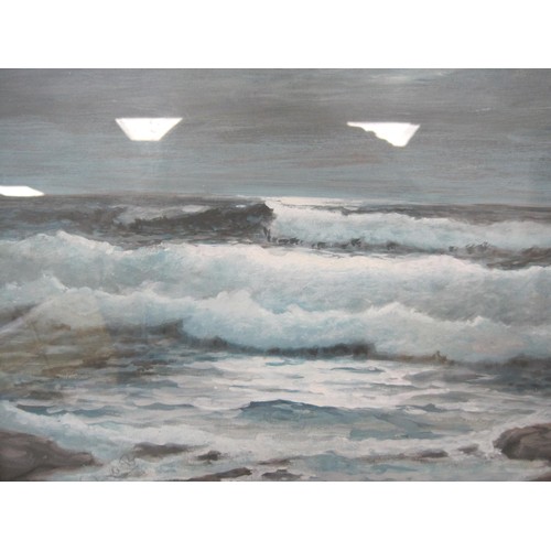 3 - A seascape in watercolour and whitening, signed in pencil lower left (perhaps G Lunell Brown) framed... 