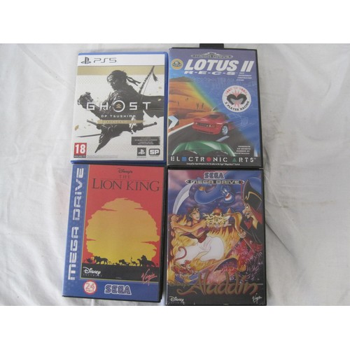 6 - 3 Sega Mega Drive Aladin, Lion King and Lotus II Games.
1 PS5 Ghost Of Tsushima Game.