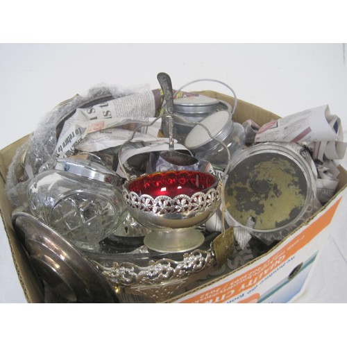 11 - A box of assorted electroplated ware and glass ware and other decorative items including serving dis... 