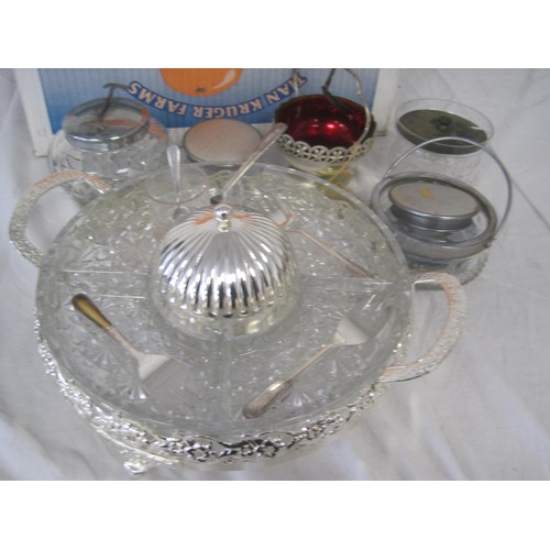 11 - A box of assorted electroplated ware and glass ware and other decorative items including serving dis... 