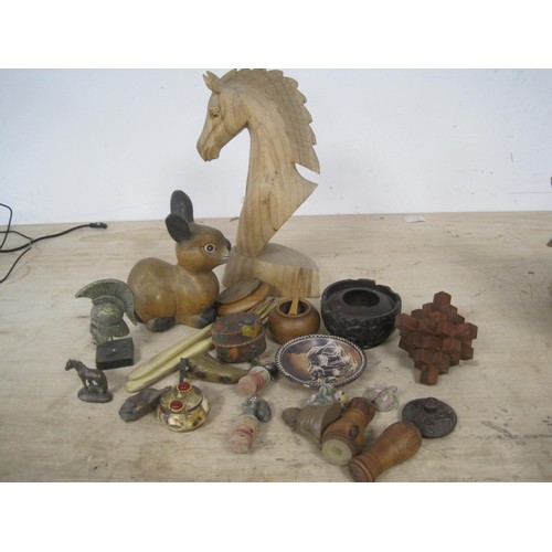 42 - Box of Wooden Items to include a Horse's Head, a Rabbit and Bottle Stoppers etc.