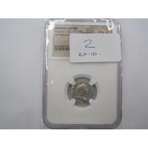 2 - A Roman Emporer Hadrian (117-138AD) Silver Denarius, cased and sealed in NGC case, graded Choice Fin... 