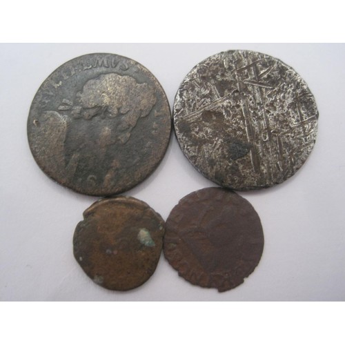 12 - A William III copper farthing, 1695, Britannia reverse, plus 3 ancient coins (unidentified).