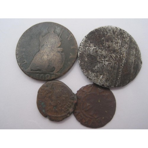 12 - A William III copper farthing, 1695, Britannia reverse, plus 3 ancient coins (unidentified).