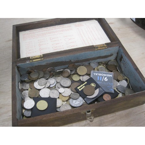 21 - A wooden box containing an assortment of coinage old and new, from 1870s French 10 centimes through ... 