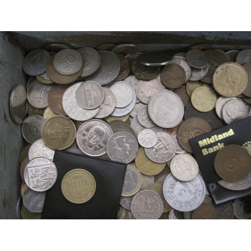 21 - A wooden box containing an assortment of coinage old and new, from 1870s French 10 centimes through ... 