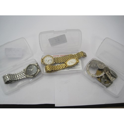 25 - An assortment of interesting items including 3 watches, an MoD Police cap badge and various small it... 