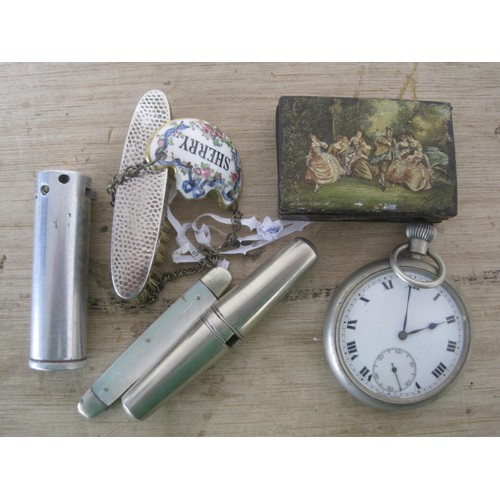 70 - A collection of items including a box with painted scene to the lid , a watch, folding coach key, za... 