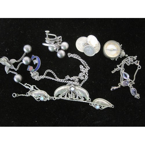 76 - Quantity of silver to include an Amethyst drop necklace a butterfly necklace set opals coin cufflink... 