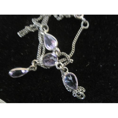 76 - Quantity of silver to include an Amethyst drop necklace a butterfly necklace set opals coin cufflink... 