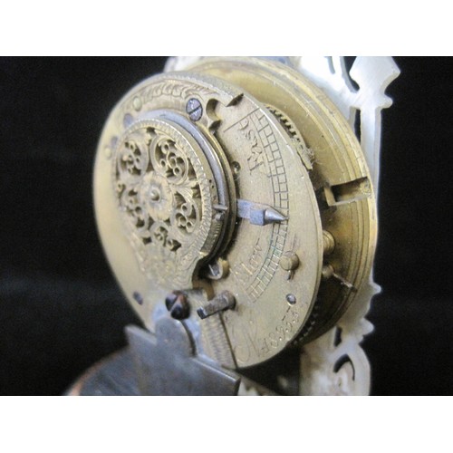 84 - A fretwork mother of pearl miniature clock with chain fusee watch movement