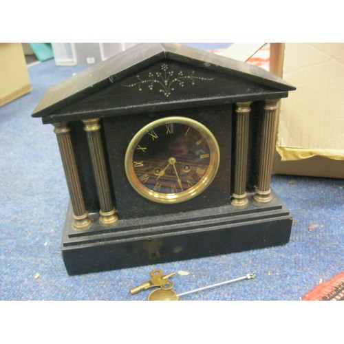 164 - A Victorian/Edwardian slate clock with key and pendulum