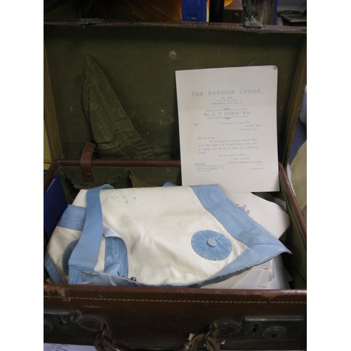 170 - A Masonic case containing a Craft apron and a quantity of paperwork