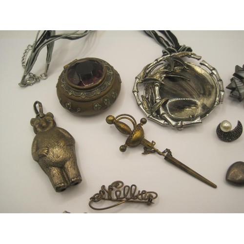 182 - A pair of 925 earrings, a sterling silver and guilloche enamel brooch, a teddy bear rattle, 'Nellie'... 