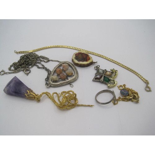 19 - A small quantity of costume jewellery - a gold-plated pendant set with an a/f opal, a polished ameth... 