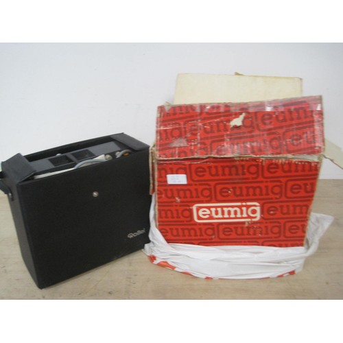 26 - A boxed Eumig Mark 607 D cine projector,  a Rollei P35E 35mm slide projector, with case and instruct... 