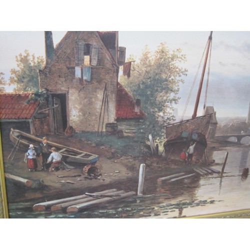 32 - Large gilt framed print after Jan Spohler 'The Quiet Evening' old town and river scene, label of Buc... 