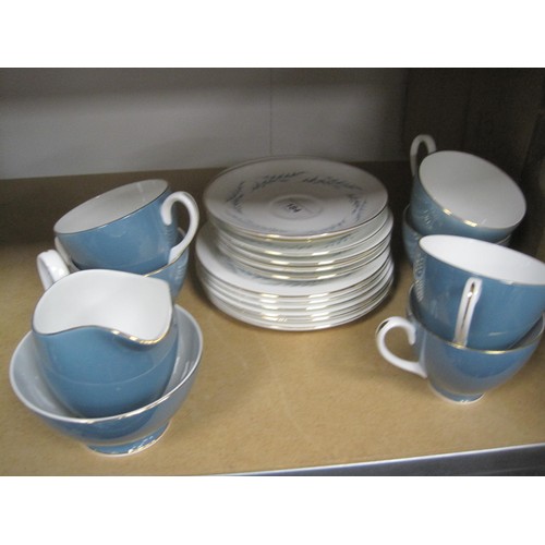 51 - Blue Adderley Tea set  6 place setting including a Cream and sugar but no teapot .