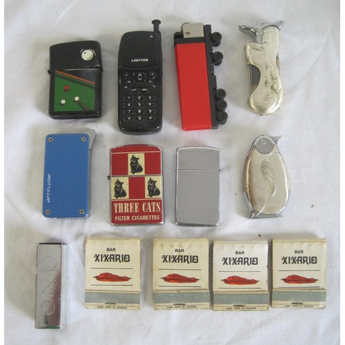 147 - Seven cigarette lighters, (including Champ billiards, Zippo, Coronet Rocky Three Cats, a double-flam... 