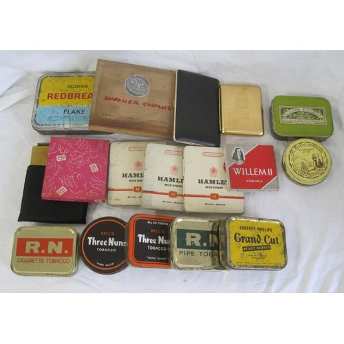 148 - Various tobacco and cigar tins, including Hamlet, Bell's Three Nuns, etc. Contents of a shoe box