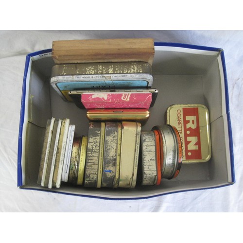 148 - Various tobacco and cigar tins, including Hamlet, Bell's Three Nuns, etc. Contents of a shoe box