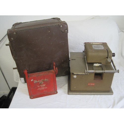 120 - A vintage Roneo-Neopost Ltd franking machine No. RB 840 with fibre carry case, and a Black and Decke... 