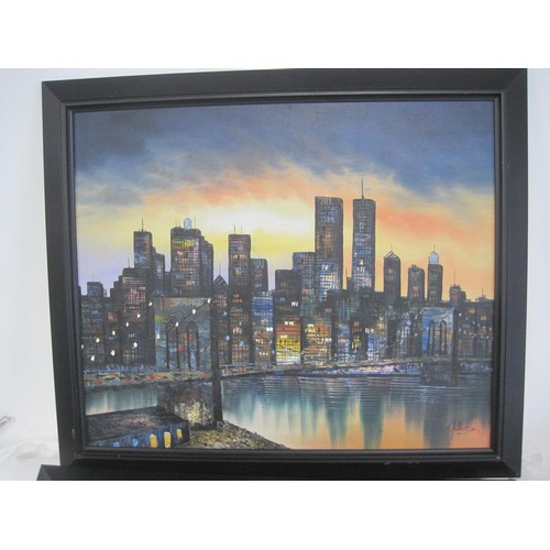 119 - Two paintings - Manhattan skyline at sunset, acrylic on canvas, signed lower right , and an abstract... 