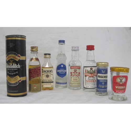 114 - Eight whisky and vodka alcohol miniatures (one is empty). (1) Glenfiddich Special Reserve 5cl in cyl... 