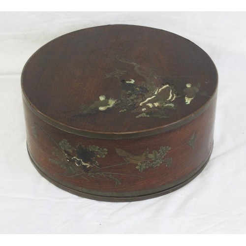 165 - An antique Oriental round brass-bound box with enamel finishing and brass inlay, a/f