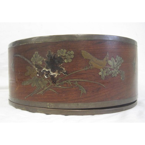 165 - An antique Oriental round brass-bound box with enamel finishing and brass inlay, a/f