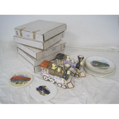 58 - Train theme china - two teapot coasters, eight unboxed collectors plates, five boxed Bradford Exchan... 