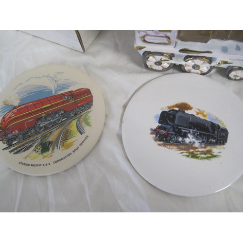 58 - Train theme china - two teapot coasters, eight unboxed collectors plates, five boxed Bradford Exchan... 