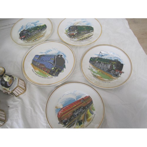 58 - Train theme china - two teapot coasters, eight unboxed collectors plates, five boxed Bradford Exchan... 